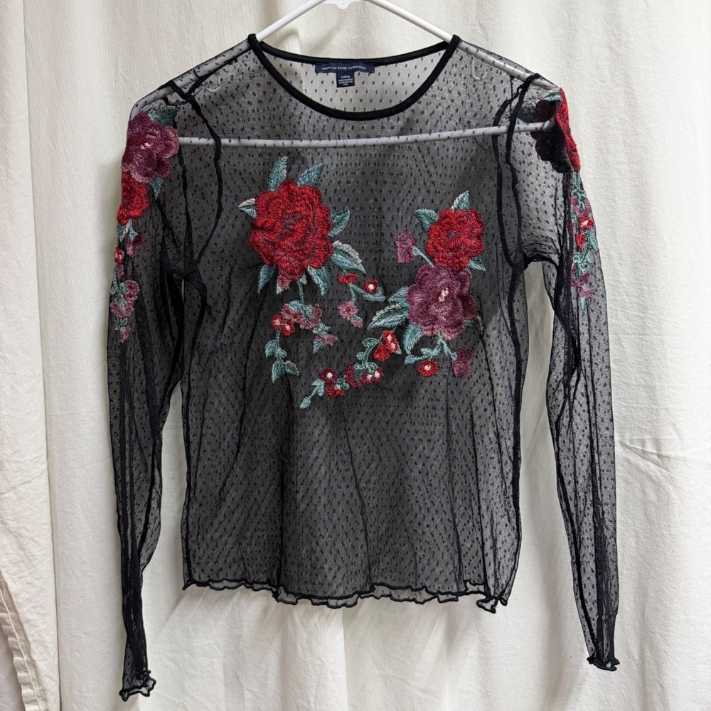 American Eagle Black Mesh Floral Embroidered Long Sleeve Top Small